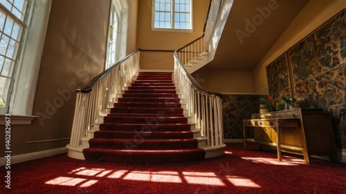 Elegant staircase with red carpet glowing in sunlight