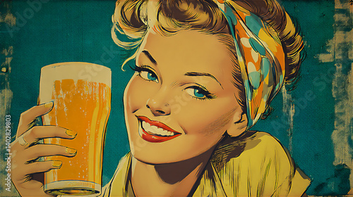 レトロスタイルのビールと女性
