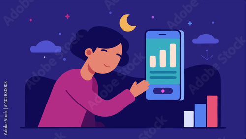 User Interaction An animated illustration of a user tapping on a sleep tracking app on their phone with sleep data visualizations appearing on the screen in vibrant colors.