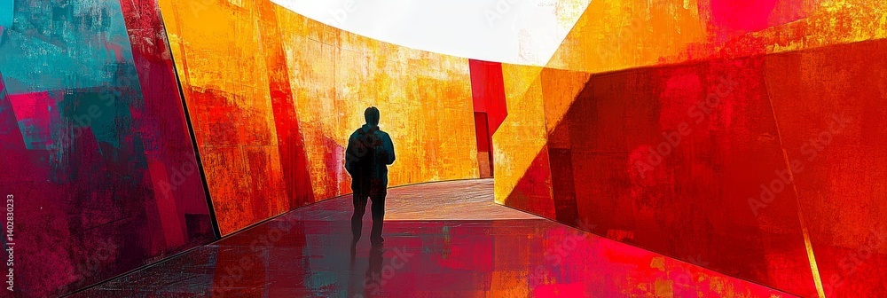 Person walking in colorful geometric abstract space with bright light in background.