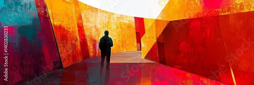 Obraz na płótnie Person walking in colorful geometric abstract space with bright light in background. w salonie
