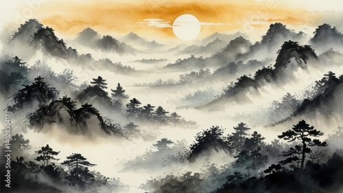 Misty forest and mountains at sunrise with soft light