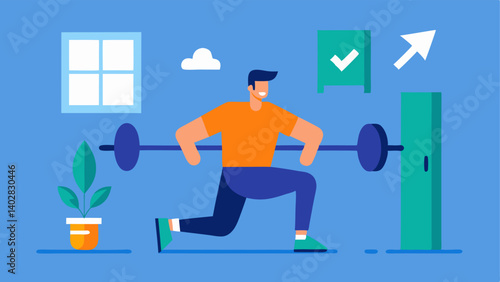 Strength Training A virtual fitness coach demonstrating a weightlifting move with animated arrows showing proper form while a user follows along at a home gym setting.