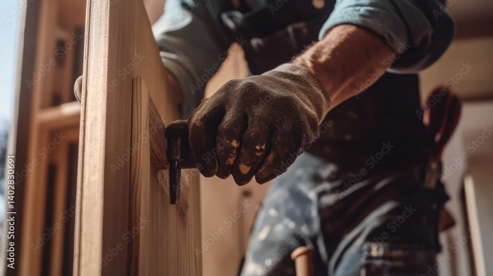 Carpenter fitting a wooden door frame. Featuring precision and fitting Carpenter fitting a wooden door frame. Featuring precision and fitting