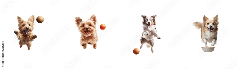 Energetic dogs jumping and catching balls mid air with excitement and joyful expressions Energetic dogs jumping and catching balls mid air with excitement and joyful expressions