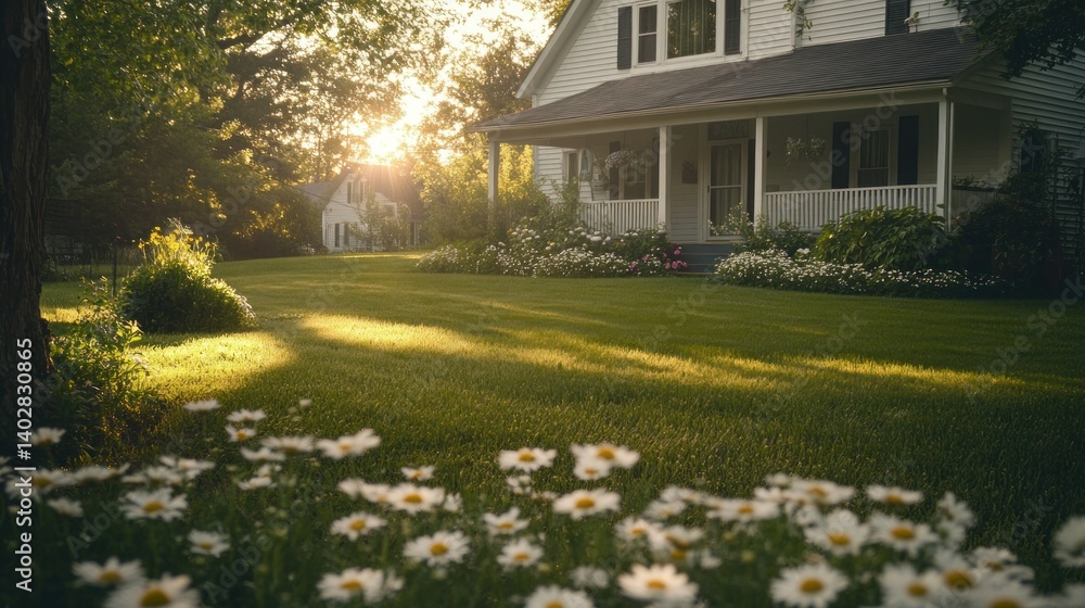 Obraz premium A beautiful house with a large green lawn and flowers