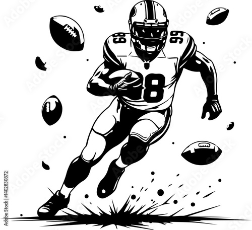 American Football Player with USA Flag and Landmarks Silhouette Vector