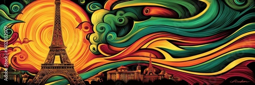 Obraz na płótnie Tower with colorful abstract background and city silhouette at the base. w salonie