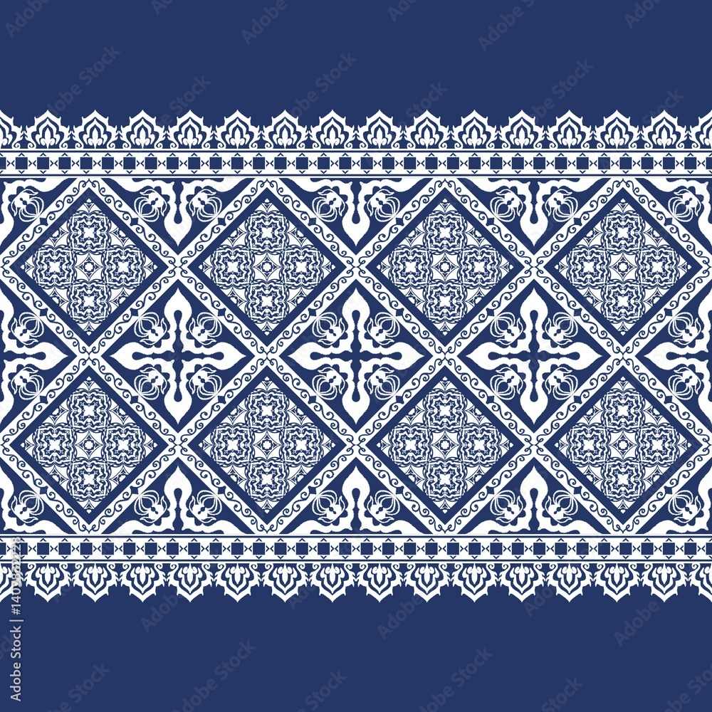 Obraz premium Geometric Ethnic Oriental Ikat Seamless Pattern Traditional Design for Background, Carpet, Wallpaper, Clothing, Wrapping, Batik, Fabric, Kebaya, Ceramic, JPEG Illustration. Embroidery Style.