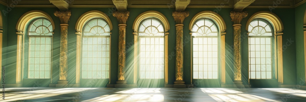 Interior view of a room with arched windows and light streaming in.