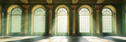 Obraz na płótnie Interior view of a room with arched windows and light streaming in. w salonie