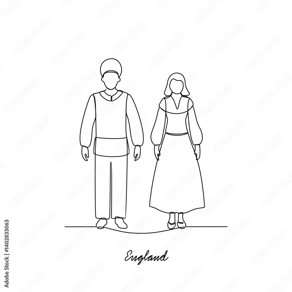 One continuous line drawing of England country couple clothes vector illustration. Europe traditional clothes concept in simple linear style. Fashion and beauty for educational and asset purpose One continuous line drawing of England country couple clothes vector illustration. Europe traditional clothes concept in simple linear style. Fashion and beauty for educational and asset purpose