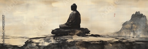 Obraz na płótnie Buddha statue in meditation pose on rocks with mountain backdrop in neutral tones. w salonie