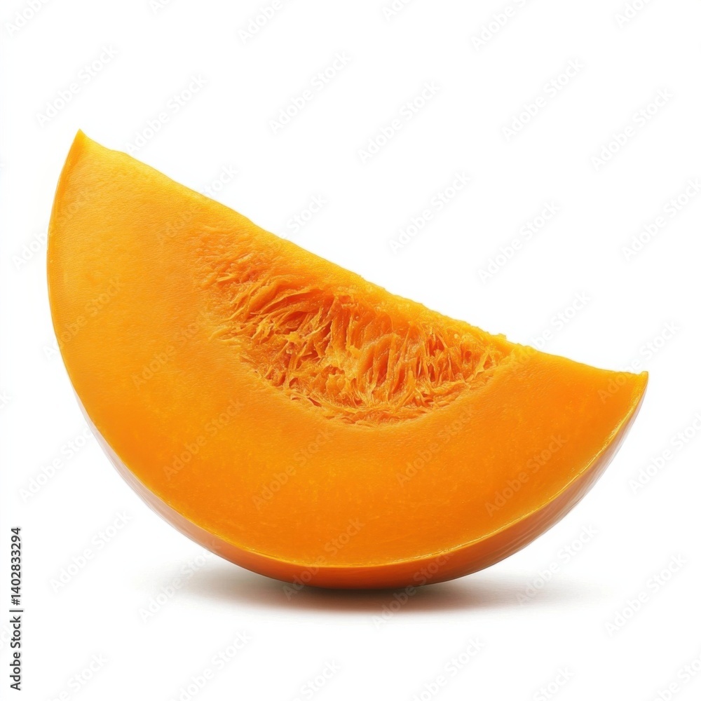 A smooth bright orange pumpkin slice with a rich, glossy texture and vibrant hue, isolated white background A smooth bright orange pumpkin slice with a rich, glossy texture and vibrant hue, isolated white background