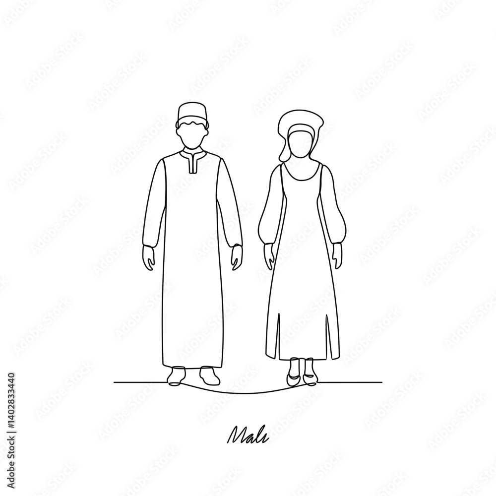 One continuous line drawing of Mali country couple clothes vector illustration. African traditional clothes concept in simple linear style. Fashion and beauty for educational and asset purpose One continuous line drawing of Mali country couple clothes vector illustration. African traditional clothes concept in simple linear style. Fashion and beauty for educational and asset purpose