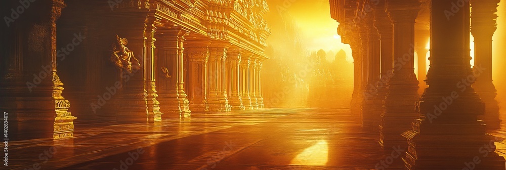 Row of pillars in golden light creates a path or corridor.