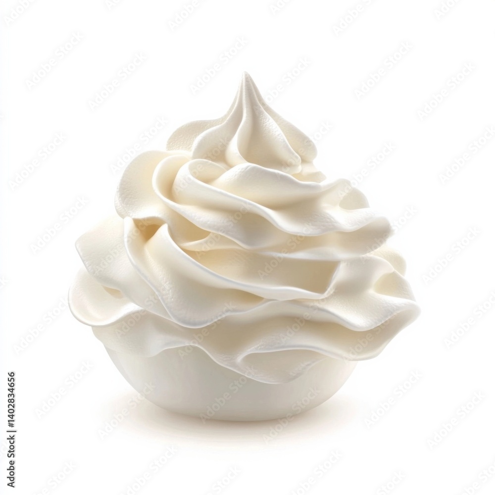 A smooth creamy dollop of whipped cream with a light texture and soft peaks, isolated white background, hyperrealism art style A smooth creamy dollop of whipped cream with a light texture and soft peaks, isolated white background, hyperrealism art style