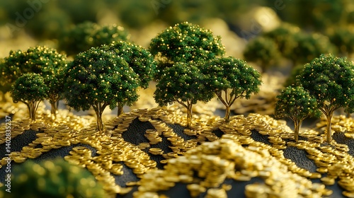 Eco-friendly investment concept with lush trees growing on piles of golden coins