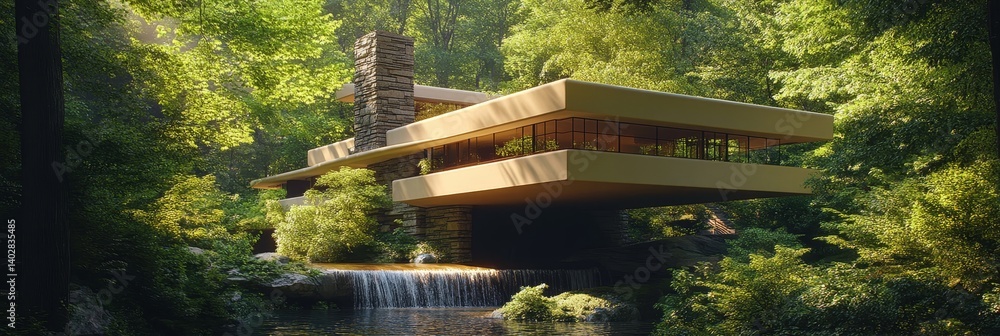 Modern architecture house built over water surrounded by green trees.