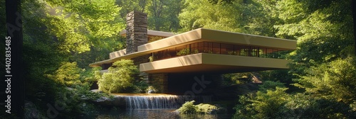 Obraz na płótnie Modern architecture house built over water surrounded by green trees. w salonie