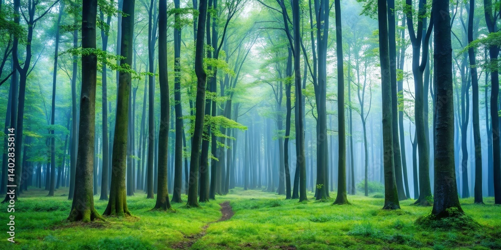 Naklejka premium Serene Woodland Path Enveloped in Misty Morning Light, a Tranquil Escape into Nature's Embrace