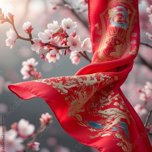 Chinese new year traditional clothing concept. Close-up of intricate floral patterns on a red hanfu dress, 