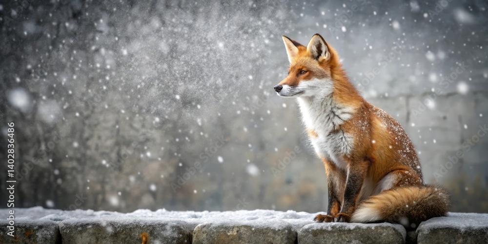 Obraz premium A Majestic Red Fox Resting on a Snowy Wall During a Gentle Snowfall