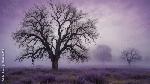 Purple foggy morning over a dry field with a surreal feel