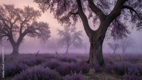 Purple foggy morning over a dry field with a surreal feel