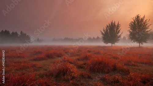 Surreal red fog on a field with orange morning light