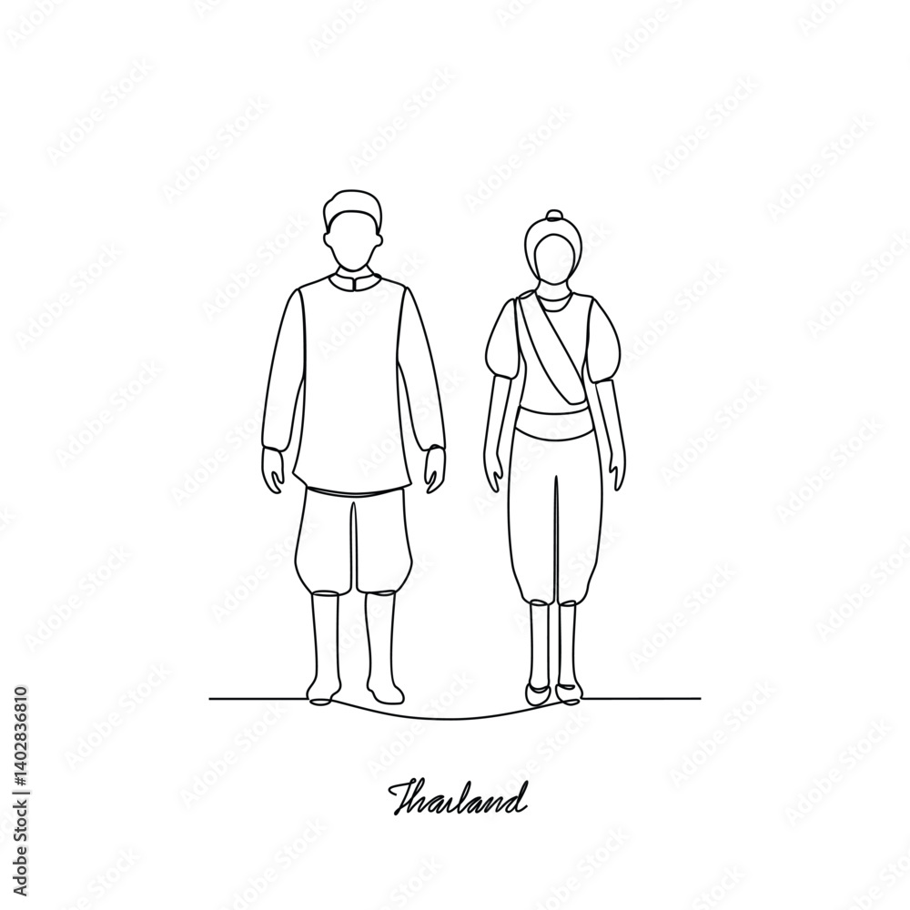 custom made wallpaper toronto digitalOne continuous line drawing of Thailand country couple clothes vector illustration. Asian traditional clothes concept in simple linear style. Fashion and beauty for educational and asset purpose