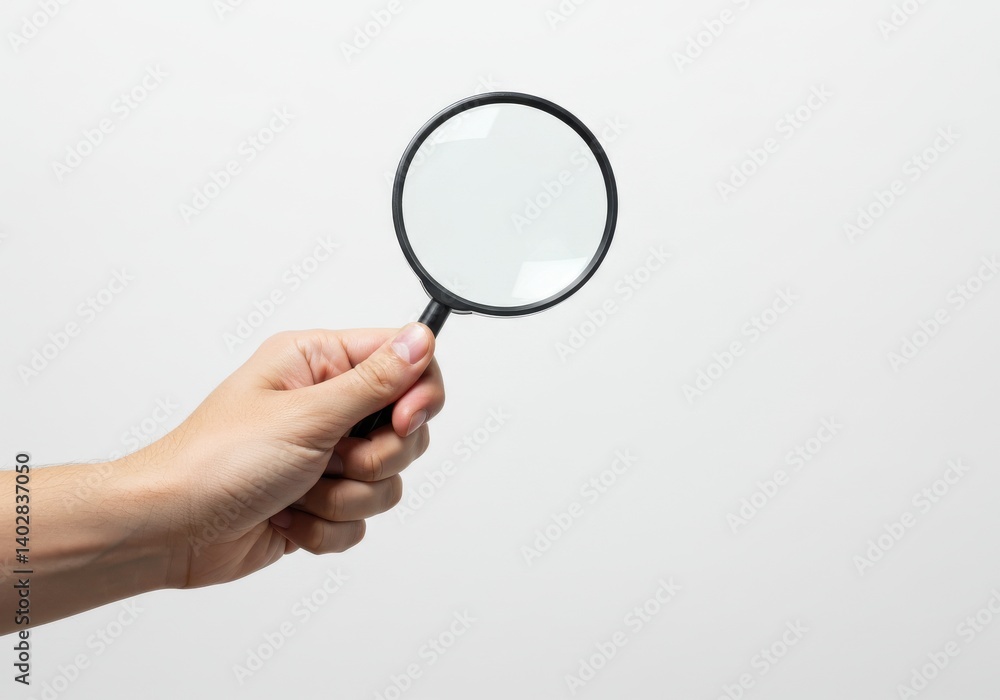 Hand holding magnifier tool isolated on white background Hand holding magnifier tool isolated on white background