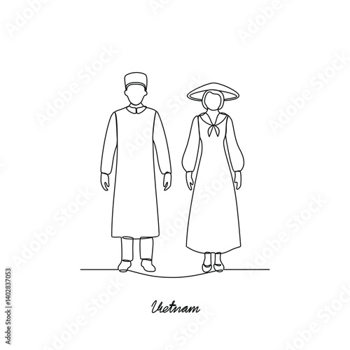 One continuous line drawing of Vietnam country couple clothes vector illustration. Asian traditional clothes concept in simple linear style. Fashion and beauty for educational and asset purpose