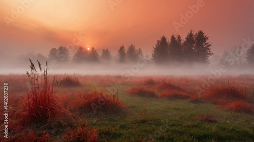 Surreal red fog on a field with orange morning light