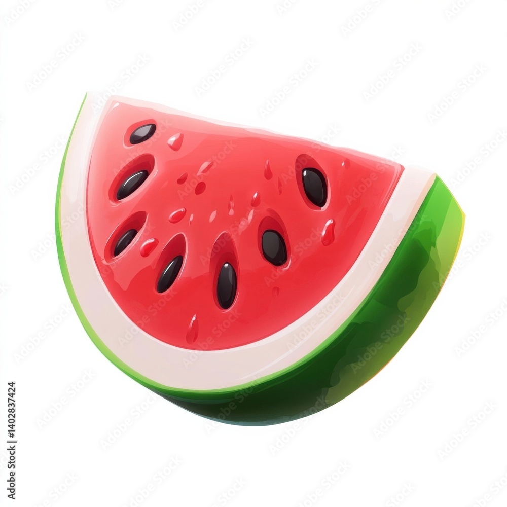 A smooth juicy watermelon slice with bright red flesh and black seeds, isolated white background, hyperrealism art style A smooth juicy watermelon slice with bright red flesh and black seeds, isolated white background, hyperrealism art style