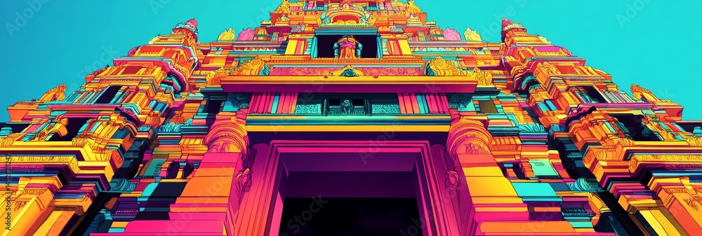Colorful ornate building exterior against a blue sky.