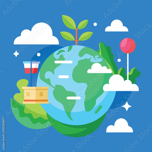 colorful vector illustration of earth surrounded by trees, sun, clouds, and eco-friendly elements promoting environmental awareness

