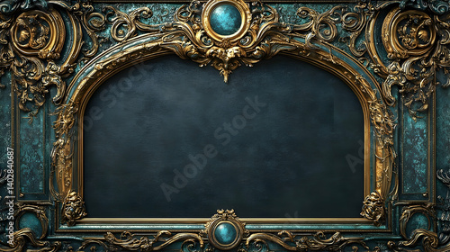 Ornate teal and gold framed archway with detailed embellishments.