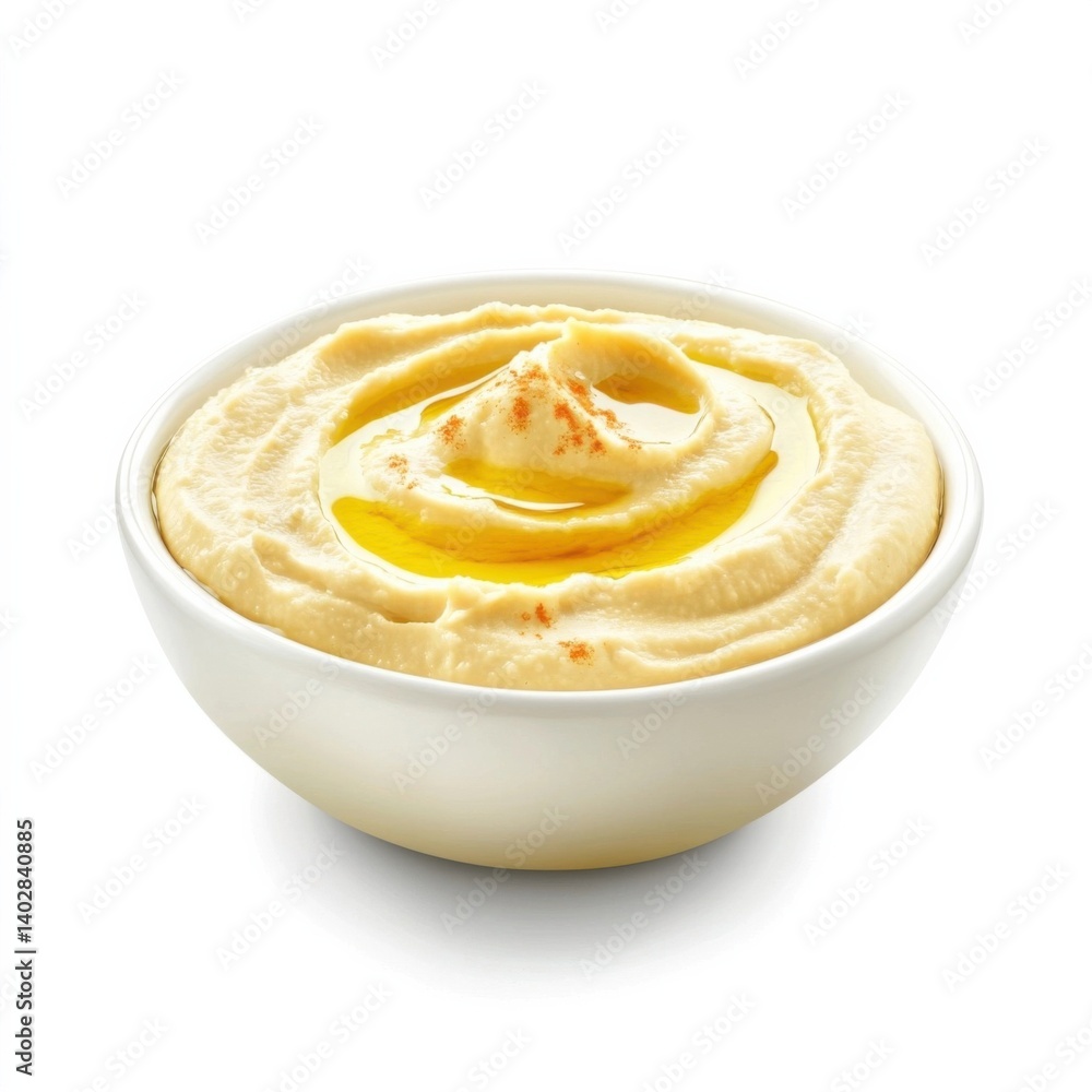 A smooth velvety bowl of creamy hummus with a light drizzle of olive oil on top, isolated white background, hyperrealism art style A smooth velvety bowl of creamy hummus with a light drizzle of olive oil on top, isolated white background, hyperrealism art style