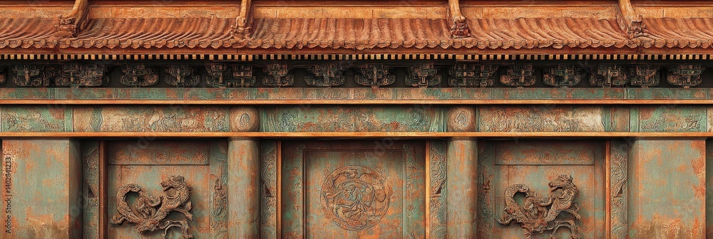 Ornate stone wall with carvings and architectural details in reddish brown hues.