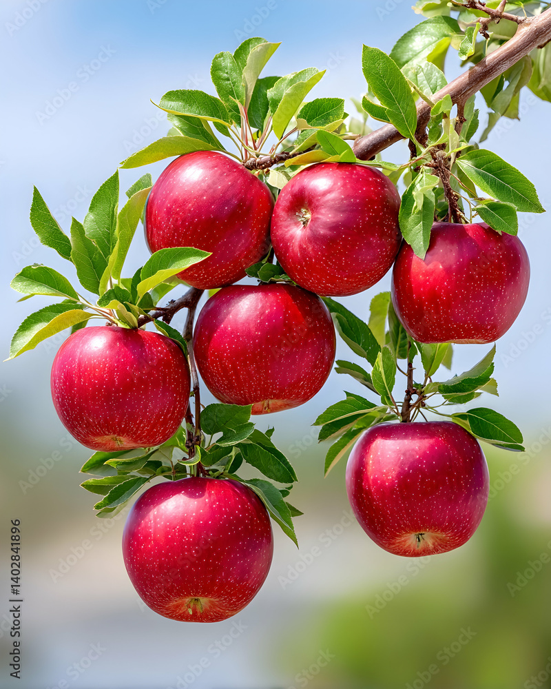 Obraz premium Ripe red apples on a branch against a bright blue sky