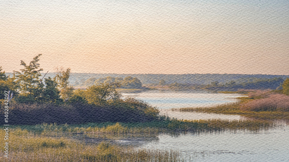 Fototapeta premium Painting of a lake with trees in the background
