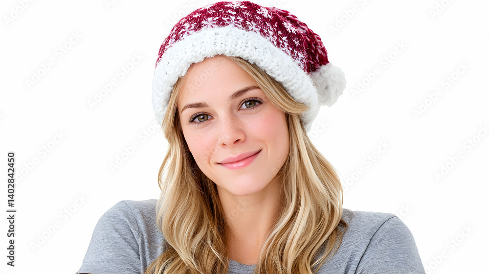Smiling blonde woman wearing a festive knit hat Smiling blonde woman wearing a festive knit hat