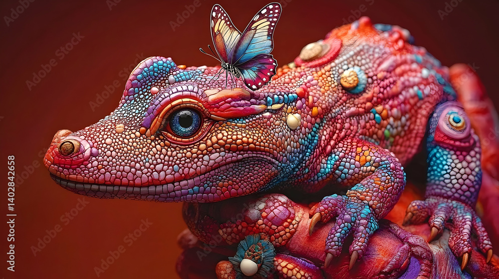 Obraz premium A vibrant, colorful lizard with a butterfly, showcasing detailed mosaic-like skin.