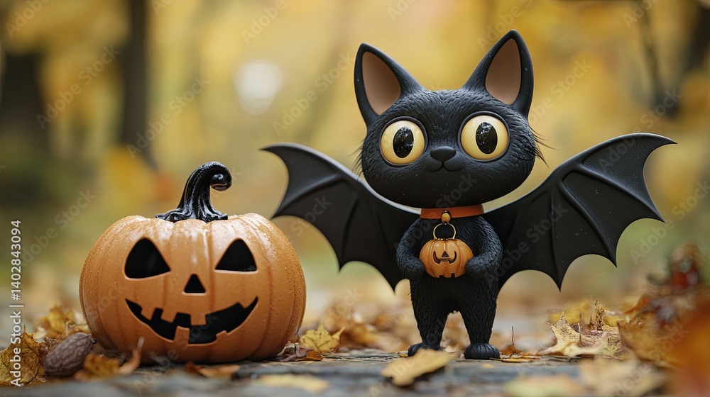 Black cat dressed as bat next to Halloween pumpkin, spooky and fun scene for Halloween, perfect for seasonal decor and festive events. Black cat dressed as bat next to Halloween pumpkin, spooky and fun scene for Halloween, perfect for seasonal decor and festive events.
