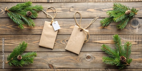 Rustic Wooden Background Featuring Two Blank Kraft Paper Gift Tags Adorned with Twine and Accompanied by Fresh Evergreen Sprigs and Pine Cones for a Festive, Natural Presentation