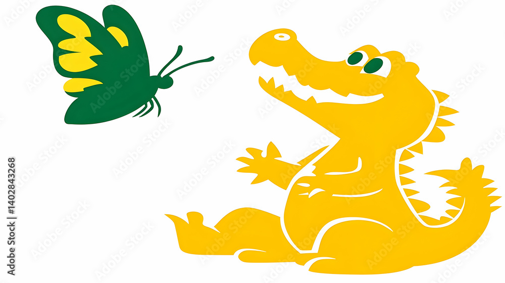 Obraz premium A cheerful crocodile and a butterfly in a playful design.