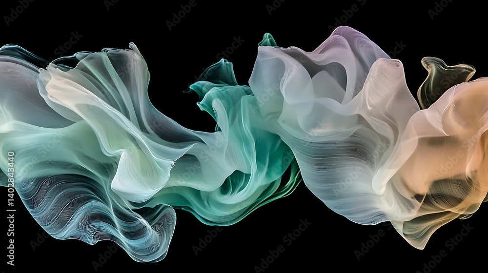 Fototapeta premium A beautifully flowing abstract design featuring delicate layers of translucent fabric in soft shades of green, turquoise, and hints of peach transitioning smoothly