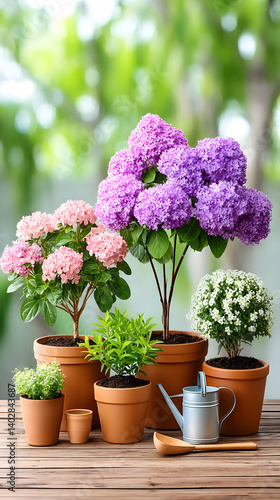 Wallpaper Mural Vibrant flowering plants in terracotta pots on wooden table Torontodigital.ca