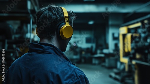Factory Worker Listening Music with Headphones